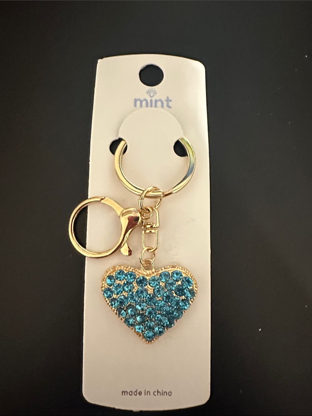 Mint Gold-tone Keychain with Blue Crystal Heart